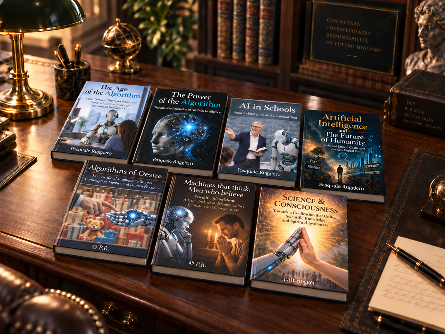 Seven essays on Artificial Intelligence arranged on a wooden desk